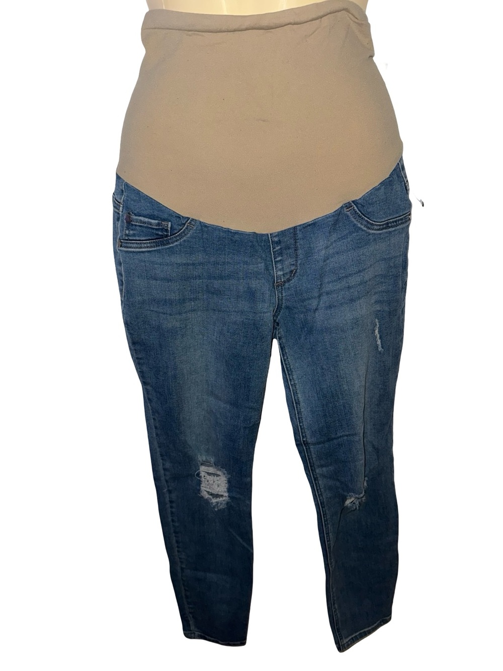 Indigo Blue Skinny Maternity Jeans in Blue with Beige Panel size medium.